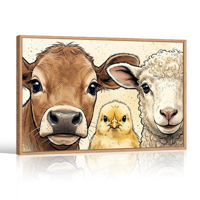 Brown Cow White Sheep And Yellow Chick Sketch Canvas Wall Art