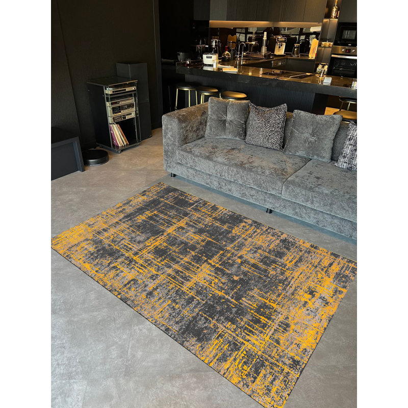 Tapis gris tissé moderne à rayures grises, Rectangle 4 pi 7,12 po x 6 pi 6,74 po