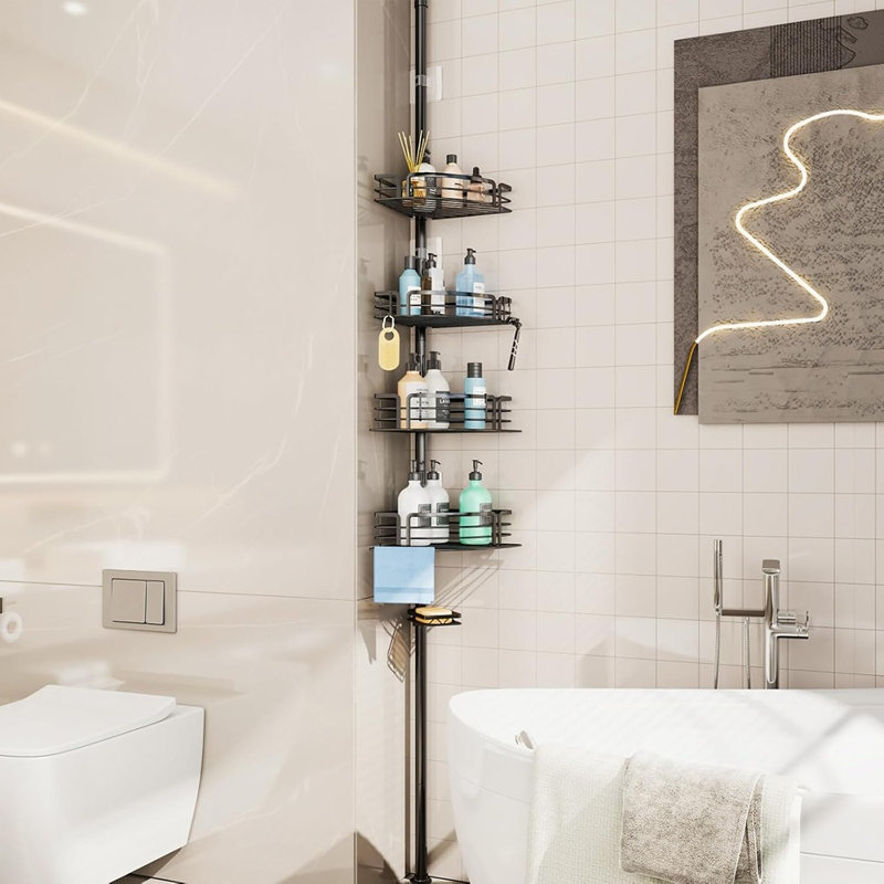 Consumest Corner Shower Caddy Tension Pole - Silver - Rustproof Adjustable Shower Shelves With Towel Bar & Soap Holder For Bathroom Storage