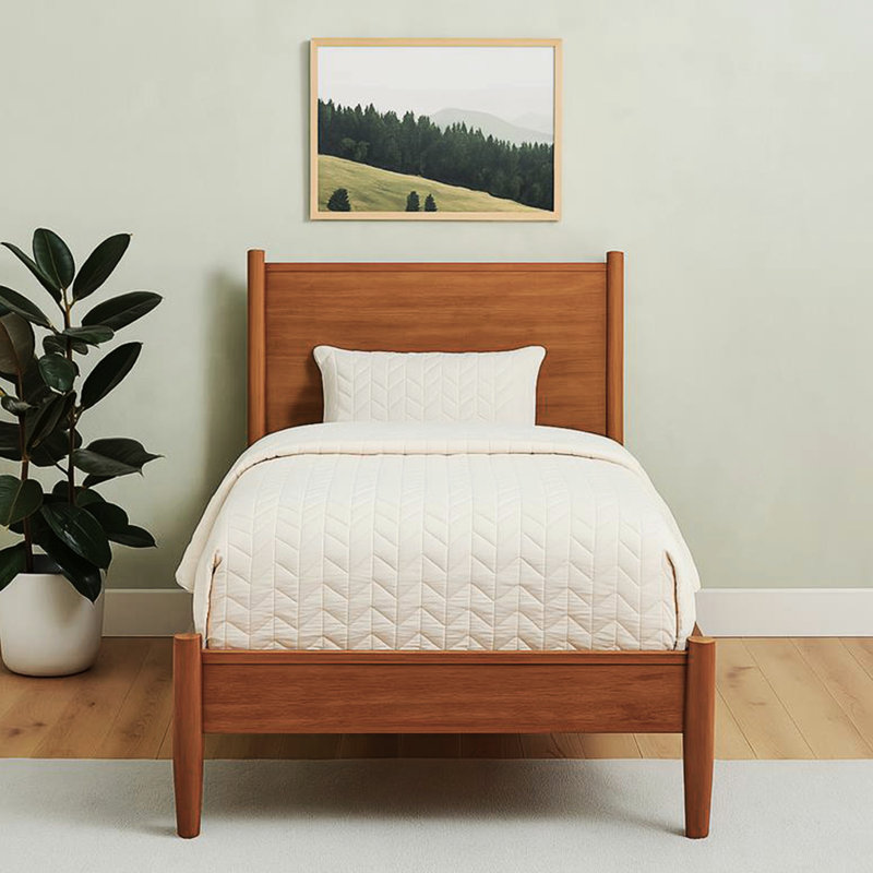 Lit plateforme simple de style Mid-Century, finition chêne, bois massif et bois d'ingénierie, pieds fuselés de taille moderne avec pieds, base à lattes pour un soutien ferme