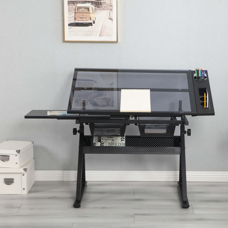 Table à dessin noire réglable en verre trempé avec chaise