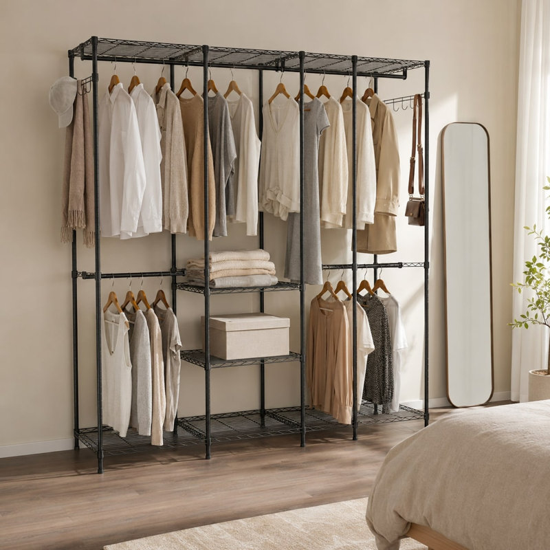 195cm 4 Column Wire Wardrobe with 4 Rails 6 Shelves and Side Hooks, Black