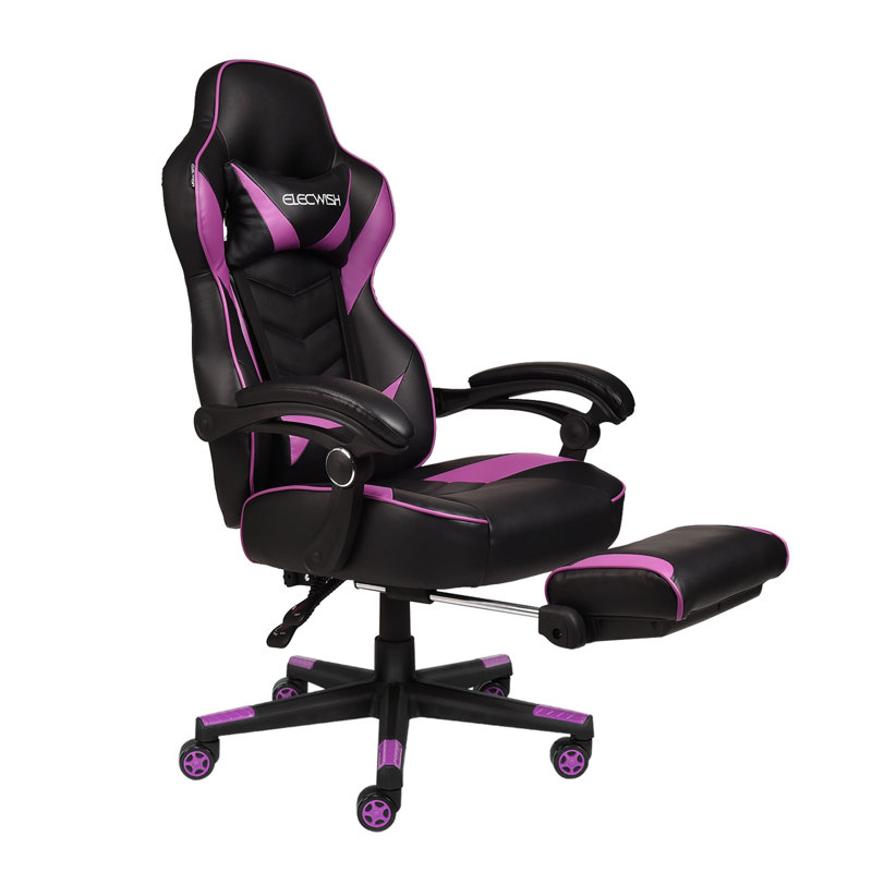 Adults Ergonomic Racing Style High Back Computer Chair with Footrest Headrest and Lumbar Support, Black/Purple