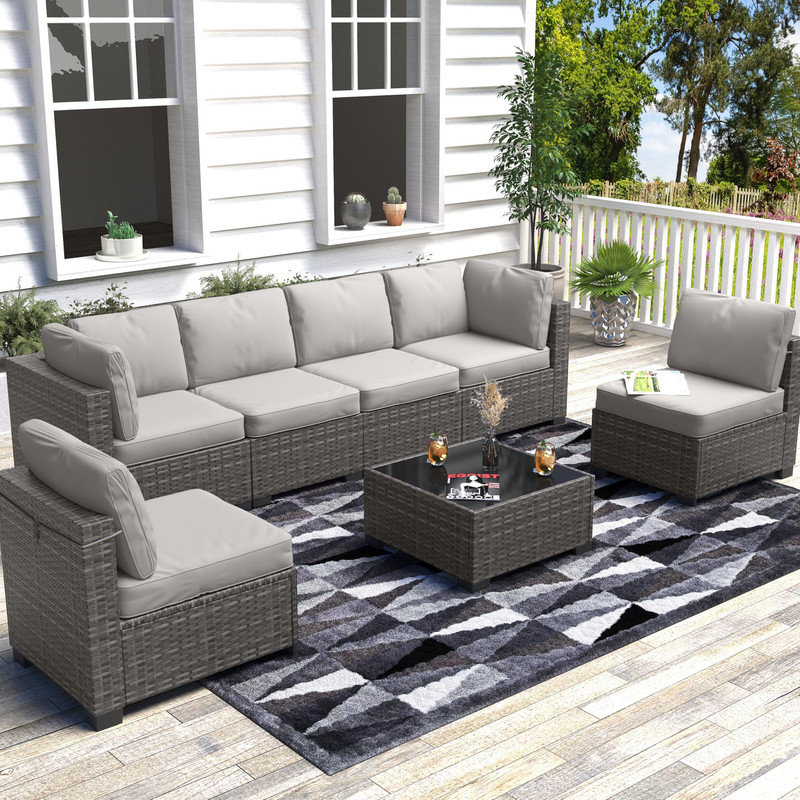 7-Piece Modular Rattan Patio Sofa Set with Coffee Table – Outdoor Sectional for Garden, Backyard, Porch, Gray, Gray