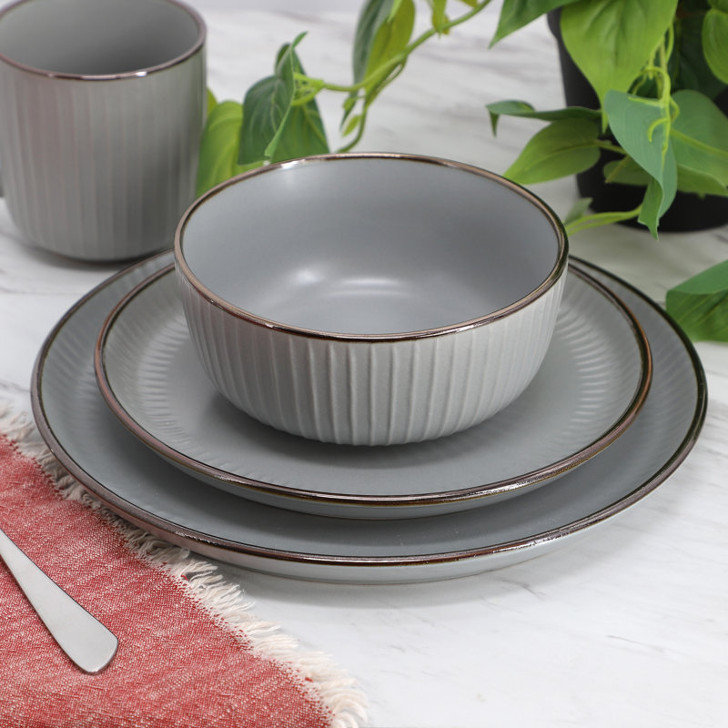 Ebern Designs Leo 16 Piece Stoneware Dinnerware Set, Light Gray