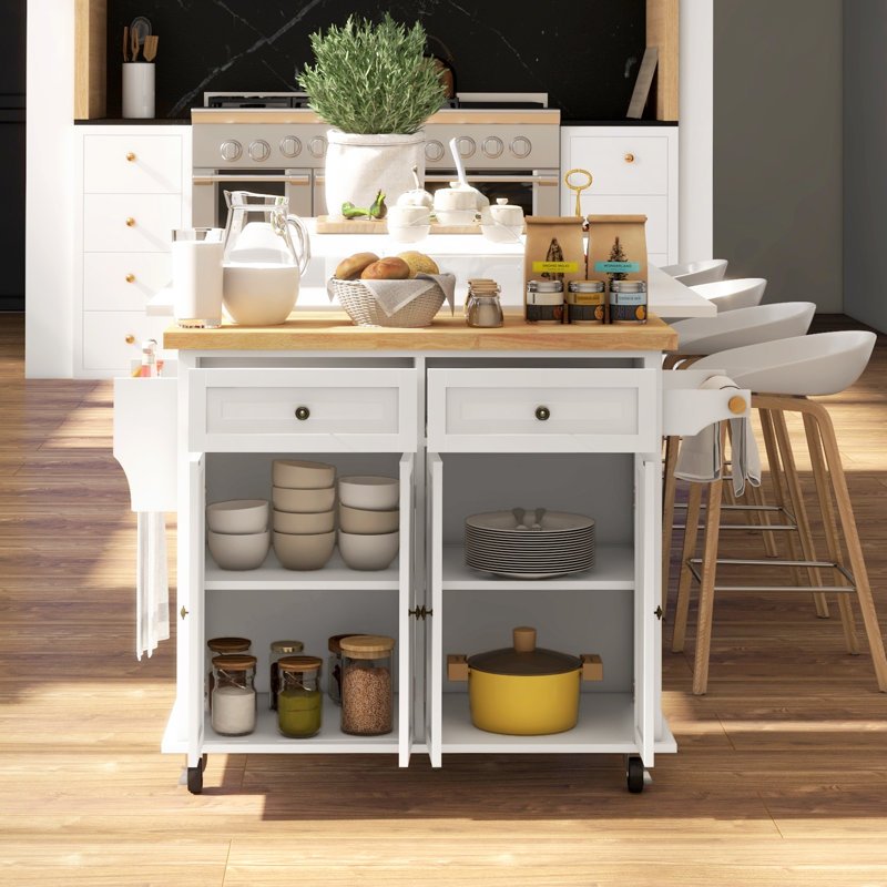 Kitchen Island on Wheels, Rolling Cart with Rubberwood Top, Spice Rack, Towel Rack and Drawers for Dining Room, Cream