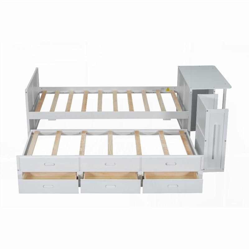 Lit plateforme simple en bois avec bureau intégré, tablette de rangement et amp; Lit gigogne, aucun sommier requis, soutien solide