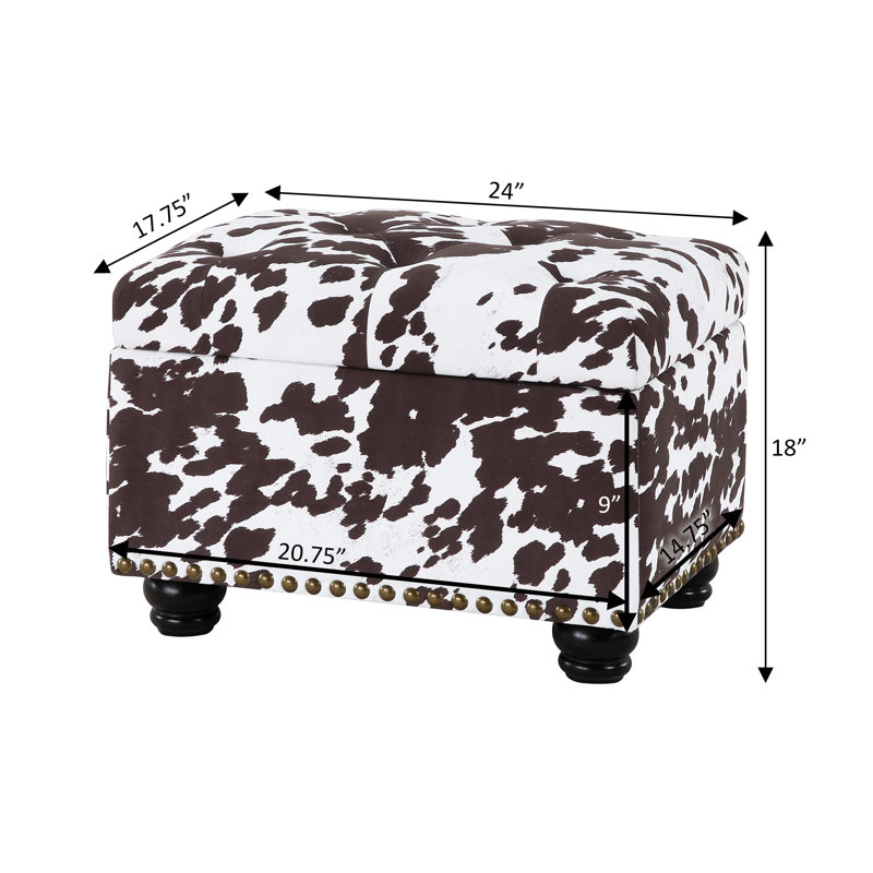 Frontenac 24" Wide Tufted Rectangle Storage Ottoman, Brown Cow Print Fabric