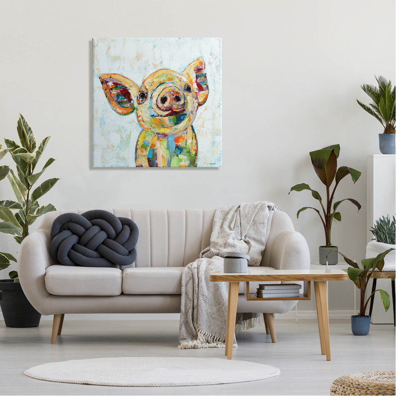 "Happy Farm Pig", art mural moderne par Jen Seeley, H 30 po x l 30 po x P 1,5 po
