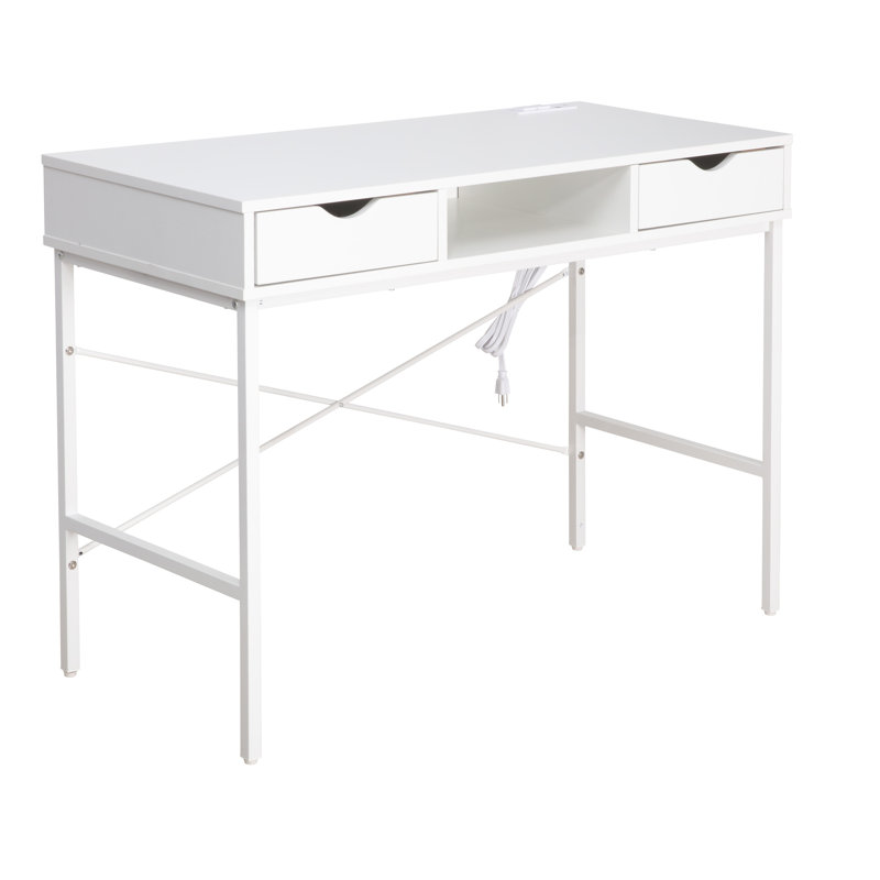 Glenhill Iron Writing Desk with Built-In Electrical Outlet, White/White