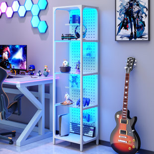 Glass Display Shelf For Collectibles, LED Black Curio Cabinet, Led Lighted Tall Narrow Shelf With Pegboard, Floor Lamp With Shelf