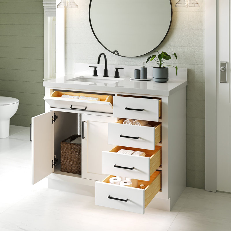 Tidworth 42'' Solid Wood Single Bathroom Vanity with 1.5'' Quartz Top, Left, Rectangular, White