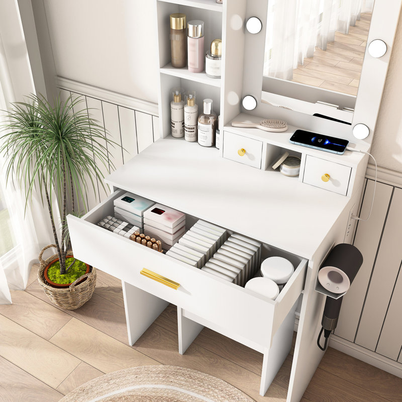 Bureau de meuble-lavabo compact en blanc avec lumières à DEL réglables, prise de courant et support pour sèche-cheveux - miroir de table American Design