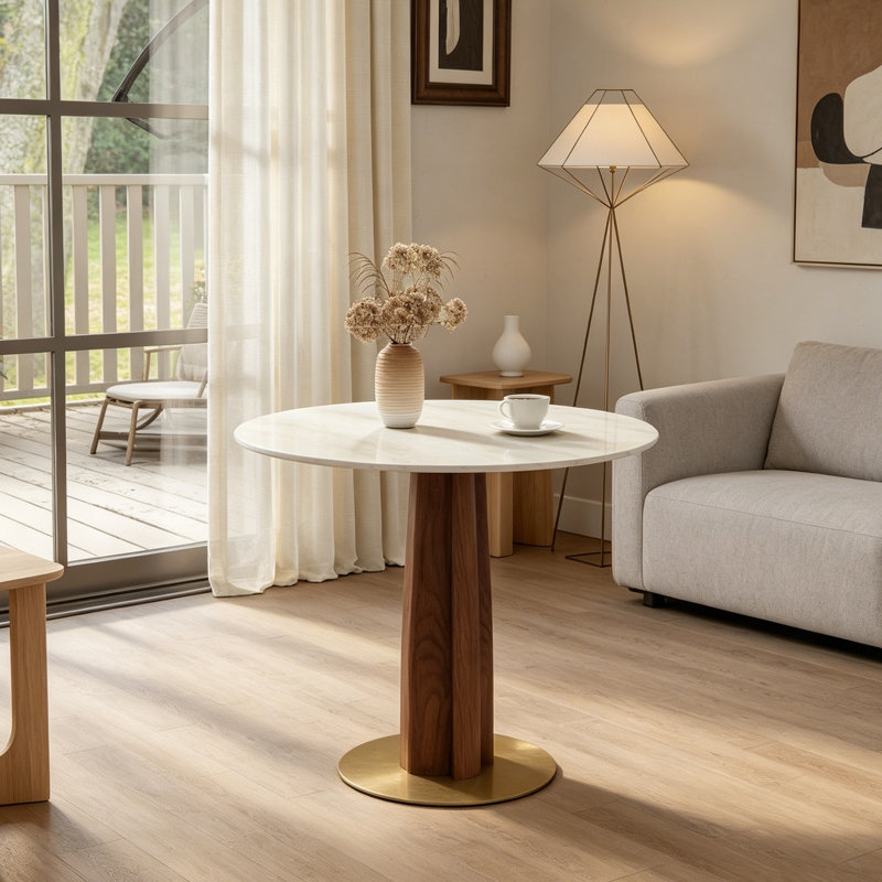 Multi-Functional Modern Round Dining Table, 33.5" Matte Cave Stone Slate Top with Wooden Legs & Gold Base, 2-Person Small Space Table, 150lbs Capacity