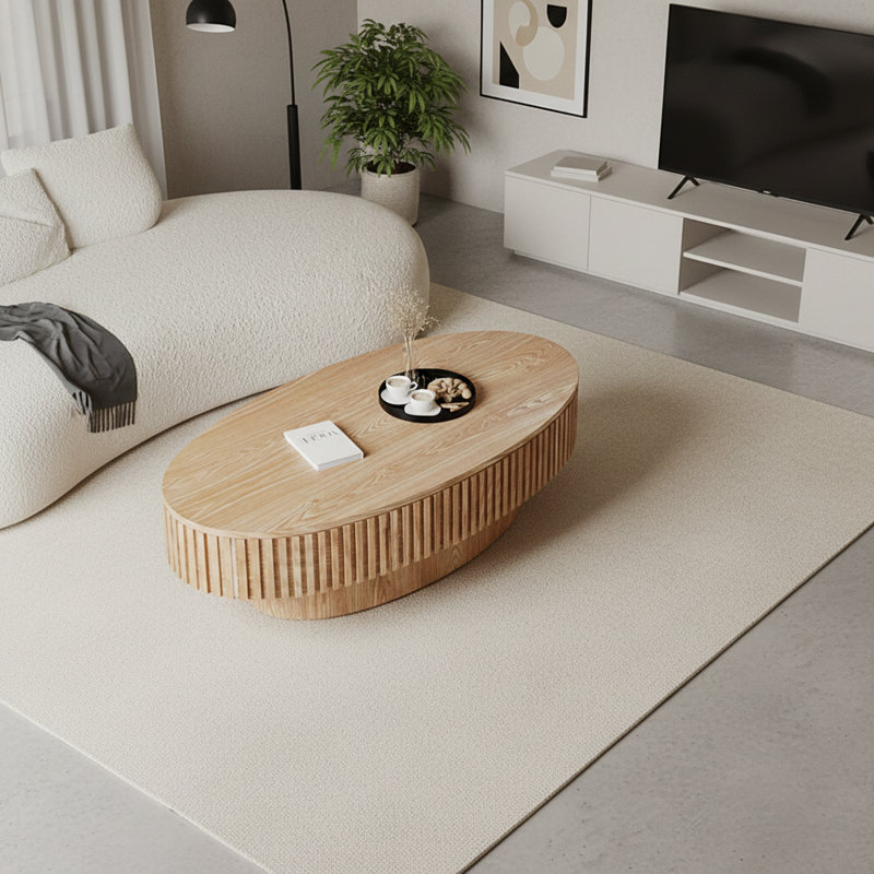 Table basse 47 po ovale avec rangement Table d'appoint moderne en placage de bois massif pour salon, chambre à coucher, appartement ou bureau, bois naturel