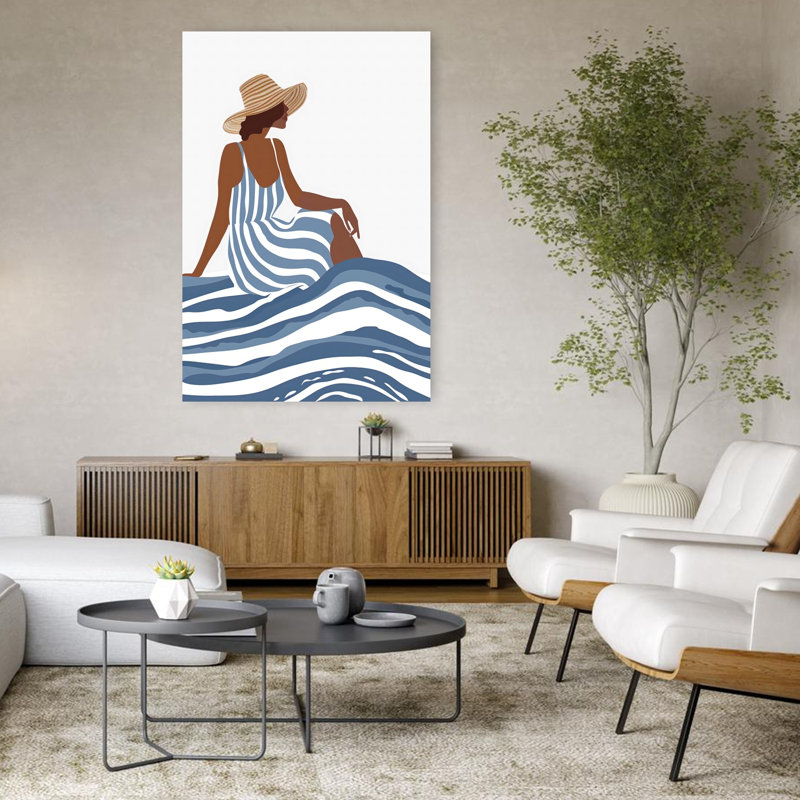 «Summer Woman On Waves Minimalist Beach Ocean», art mural, H 48 po x l 32 po