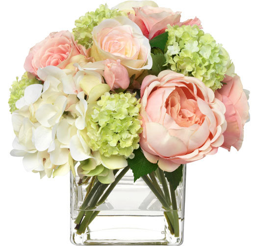 BLOOMS Pink Hydrangeas and Roses in Glass Cube Vase Diane James Home