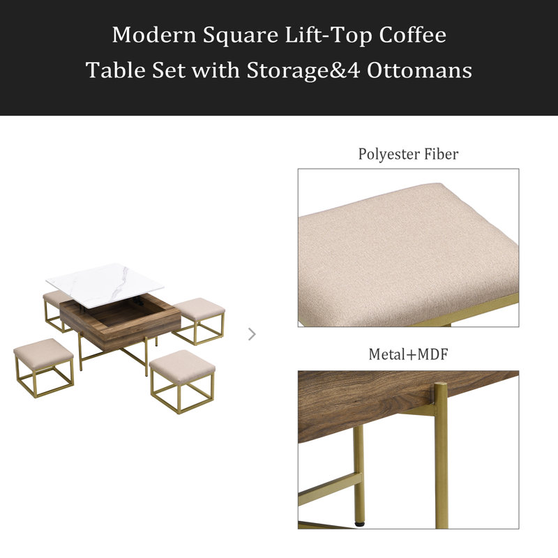 Ensemble de tables basses à plateau relevable moderne avec rangement et 4 repose-pieds blanc et noyer