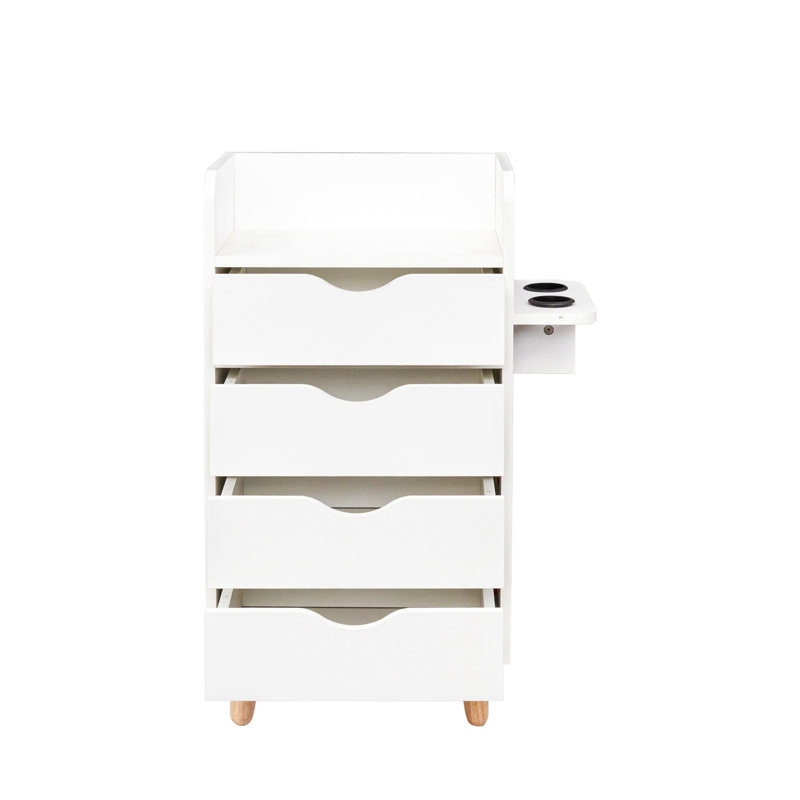  Armoire de rangement de salon à 4 tiroirs blanche avec porte-séchoir à cheveux, organisateur de beauté avec pieds surélevés