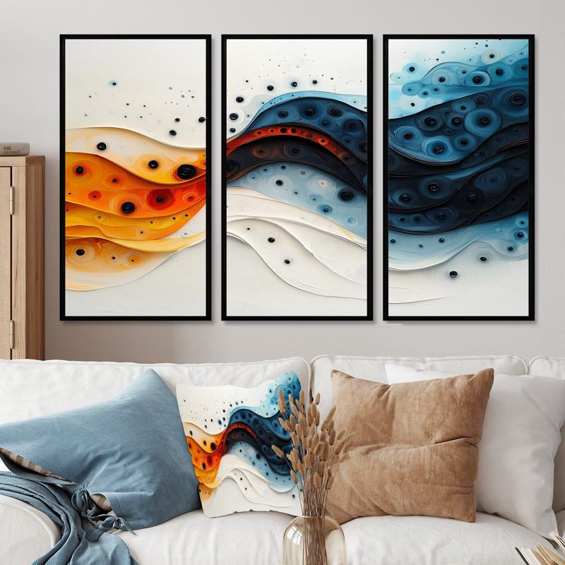 Orange et blanc en spirale encre rythmique rivière I - abstrait spirales murales - 3 pièces, H 28 po x l 36 po, Noir