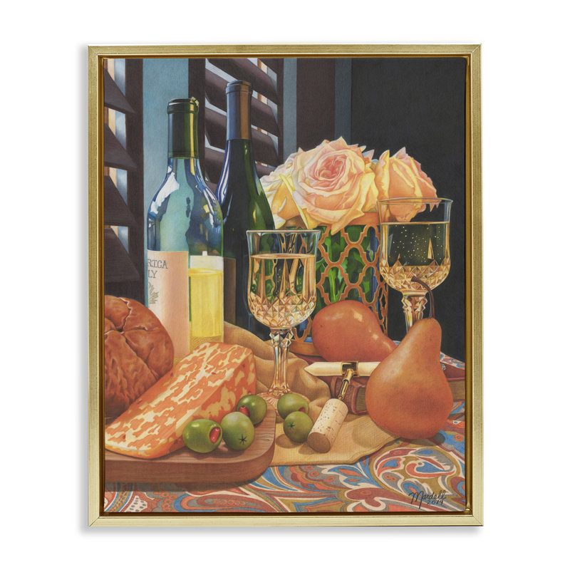 Art mural romantique sur toile avec cadre romantique "Wine & Cheese" par Mardell Schuster, Cadre flottant métallique doré