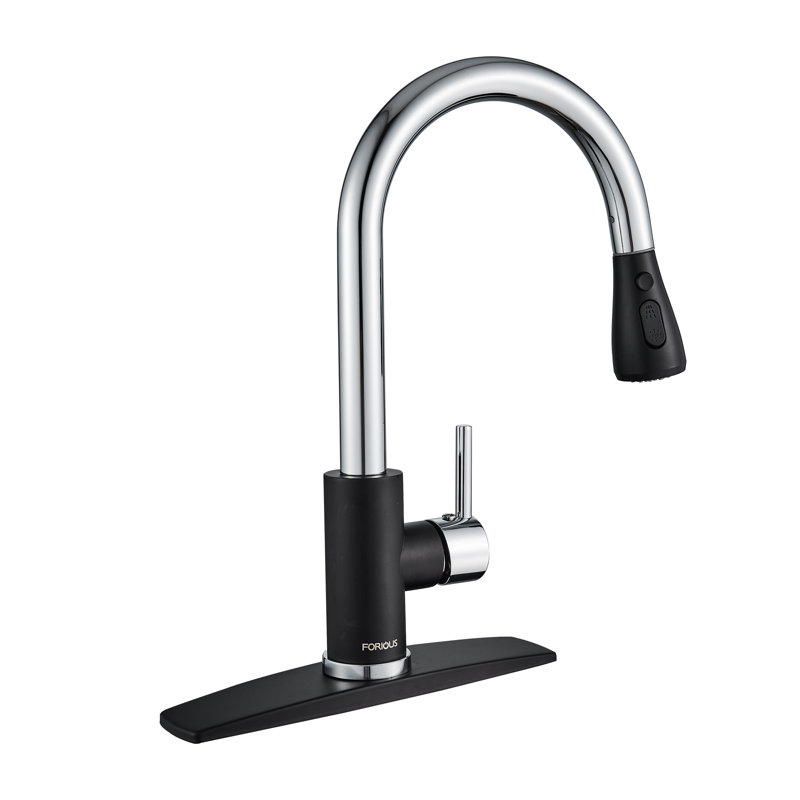Robinet de cuisine rétractable à poignée simple avec accessoires, Noir/chrome