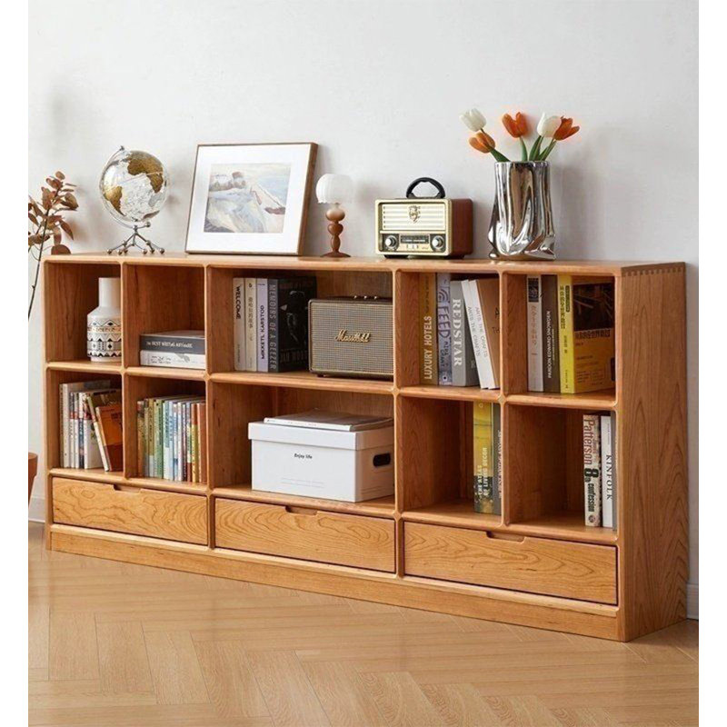 Bibliothèque en bois de cerisier avec tiroirs, aucun assemblage requis.