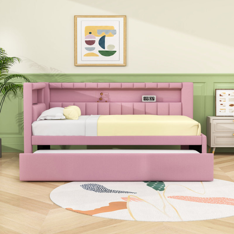 Lit de jour simple rembourré avec lit gigogne, éclairage DEL et ports USB, Rose