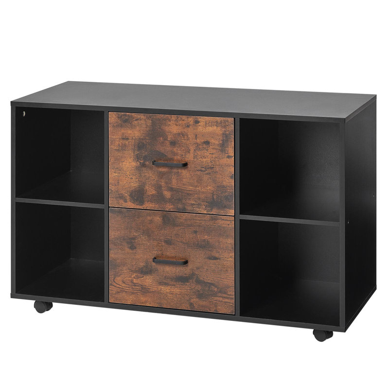 2 Drawer Wooden File Cabinet, Mobile Filing Cabinet with Open Shelves, Lateral Rolling File Storage with Lockable Wheels, Modern Free Standing Printer Stand for Home, Office, School