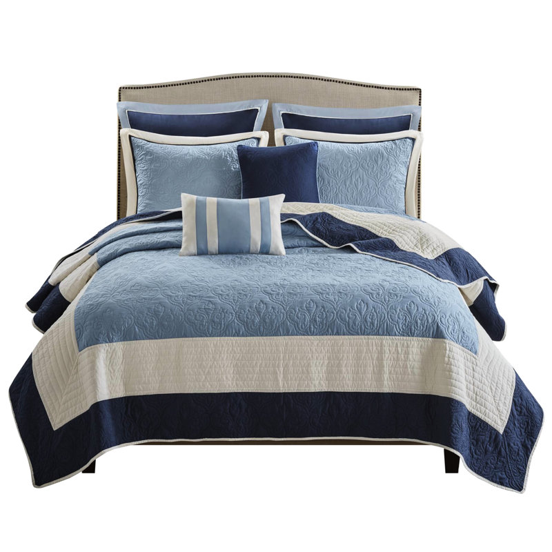 7 pièces courtepointe réversible double / grand avec taies décoratives assorties - bleu marine, bordure solide, matériau en microfibre pour l'euro et oreillers de conception traditionnelle, facile d'entretien