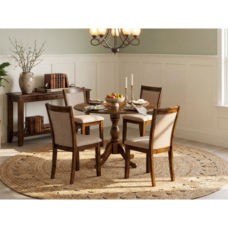 5 Piece Dinette Set for 4 Includes a Round Dining Table with Dropleaf and 4 Light Tan Linen Fabric Parson Dining Room Chairs, Natural Walnut