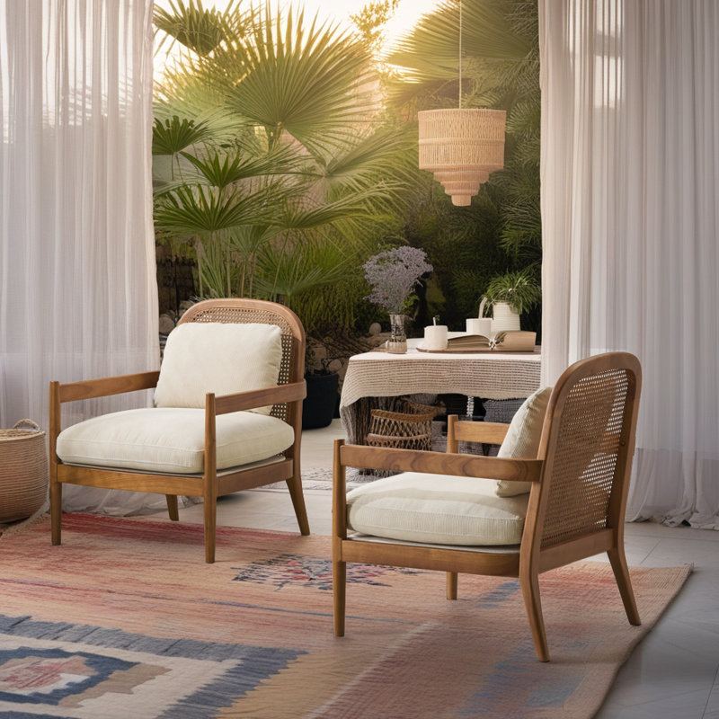 Mid-Century Modern Accent Chair Set - Walnut Frame with Rattan Backrest & Plush Cushions, Beige