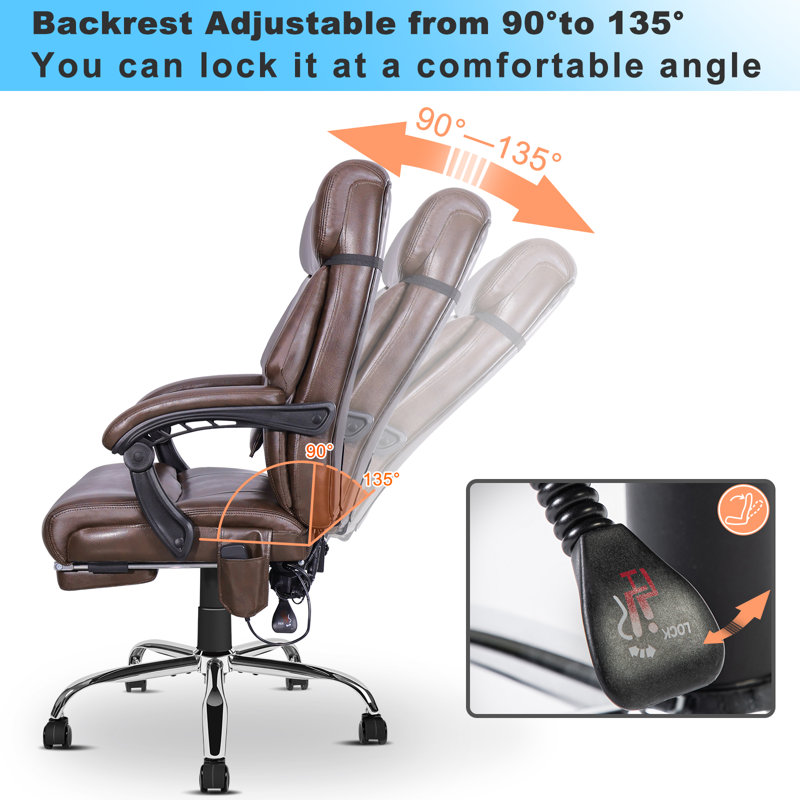 Brown Leather Heated Swivel Executive Office Chair with Footrest