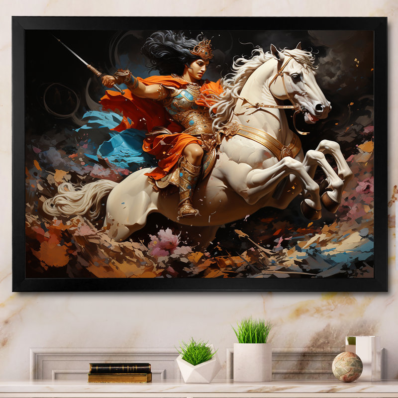 Hindou Arjunas champ de bataille indien Expression I - Art mural indien, Cadre simple noir, H 16 po x l 32 po x P 1 po