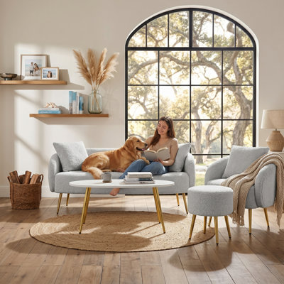 Bouclé Upholstered Armchair and Loveseat Living Room Set with Ottoman, Coffee Table & 4 Throw Pillows