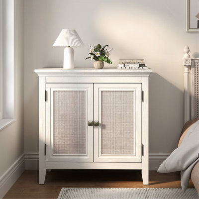 Armoire de rangement, armoire de cuisine avec portes décoratives en rotin, armoire d'appoint avec tablette de rangement réglable, armoire de rangement en bois pour couloir, salle à manger, salon, blanc
