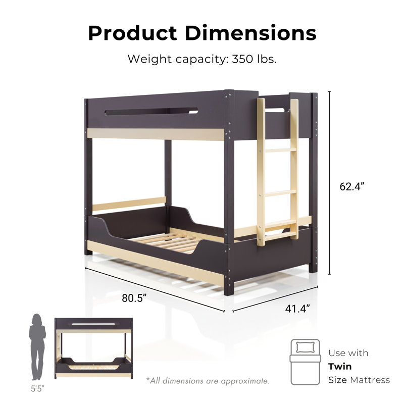 Jerami Low Twin/Twin Low Bunk Bed With Attached Side Ladder, Grey Mauve/Light Oak