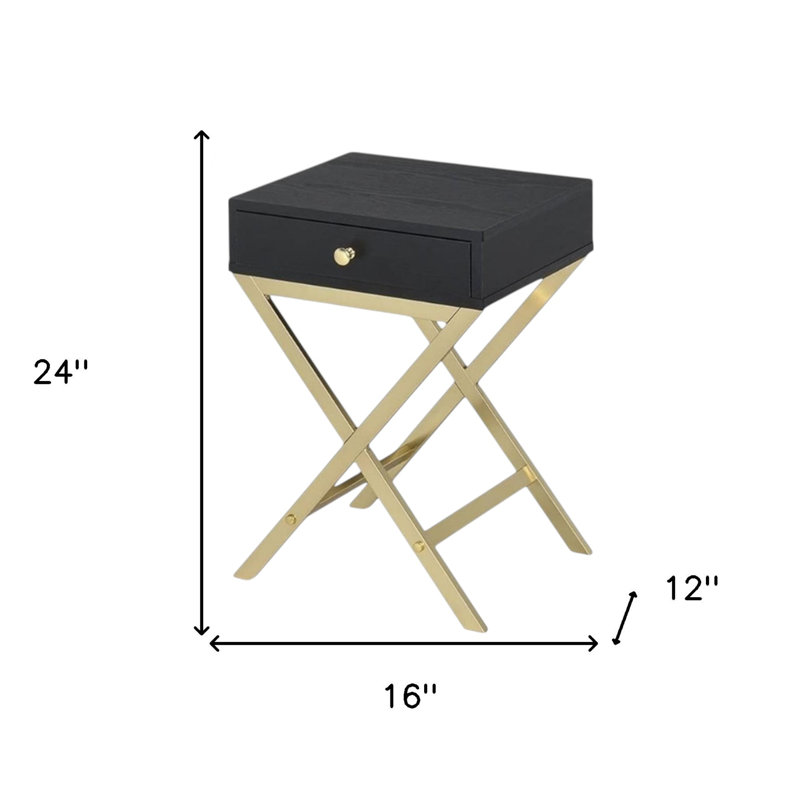 Table de bout 24 po en bois massif doré et noir avec tiroir