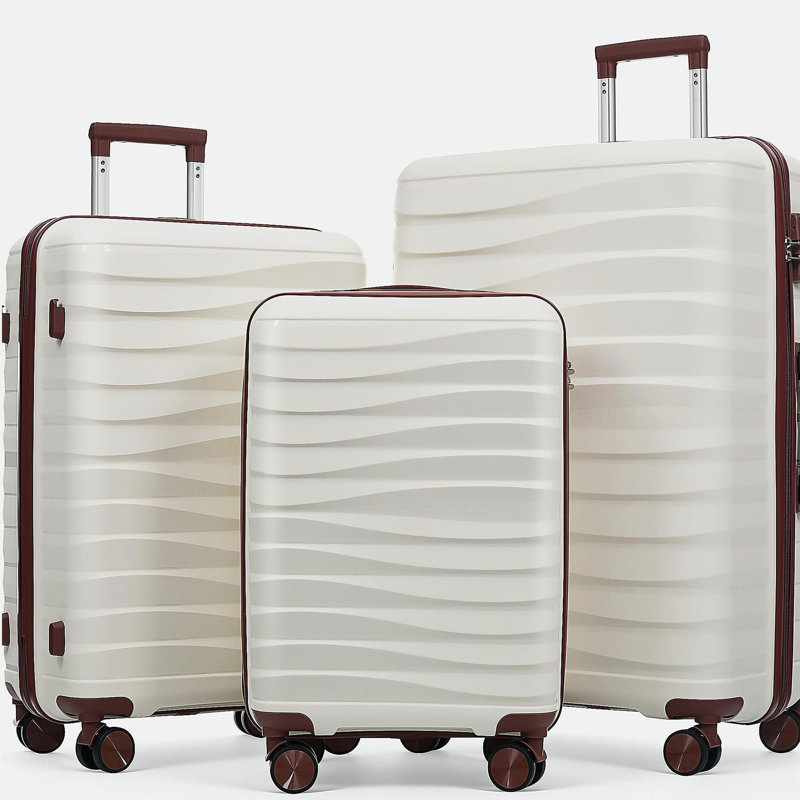 Ensemble de valises de voyage en PP de qualité supérieure, ensemble de valises à verrou TSA 3 pièces avec des tailles de 20, 24 et 28 pouces avec des roues pivotantes à 360 °, ivoire et brun