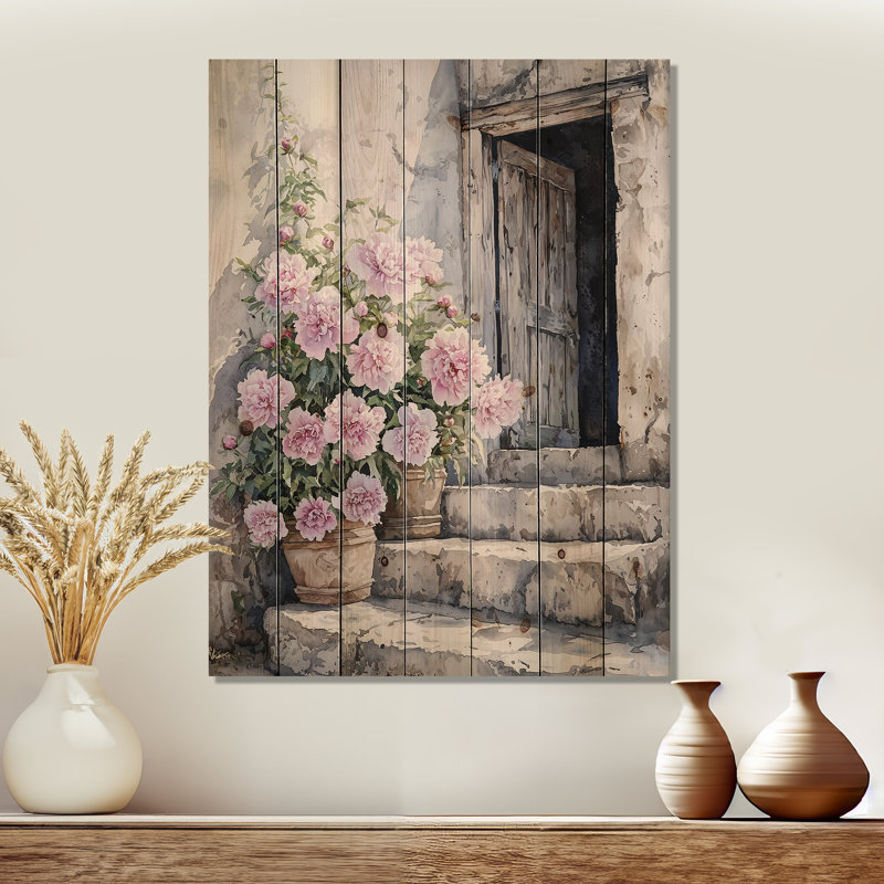 Peonies By The Milking Barn IV - Peonies Wood Wall Art - On Natural Pine Wood, 44" H x 34" W x 0.78" D