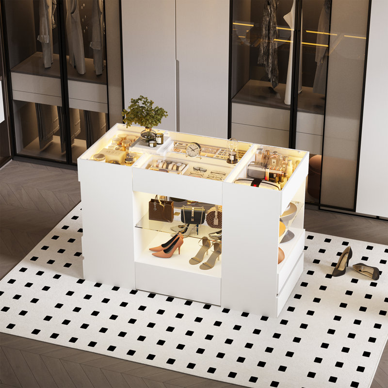 Modern Closet Island with Showcase, LED Lighting and Ample Storage, White