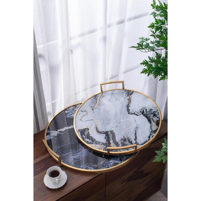 Set of 2 Round Accent Trays with Black and White Marble Patterns, Decorative Metal and MDF Trays with Gold Handles for Serving, Organization, or Centerpiece, 22” and 21” 