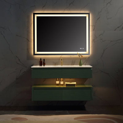 48" Floating Bathroom Vanity, Engineered Stone Top, 2 Soft-Close Drawers, LED Light