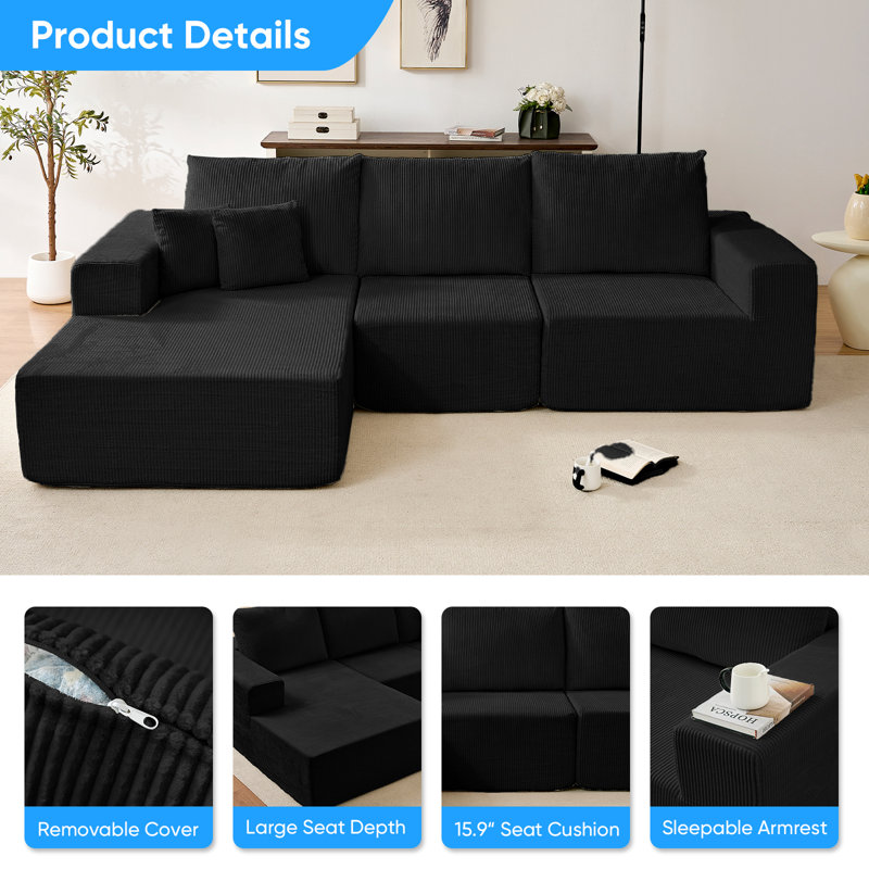 Canapé modulaire en velours côtelé 109 pièces 3 pièces 109 po, Black