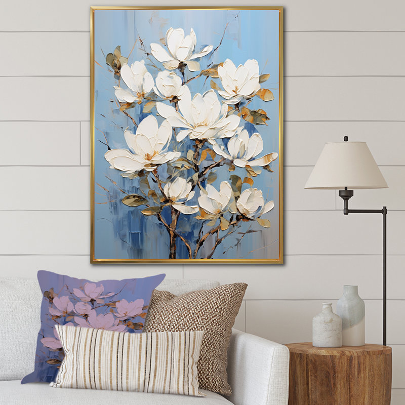 Magnifique paysage de rêve beige et doré Magnolia III sur toile, Cadre flottant doré, H 20 po x l 12 po x P 1 po