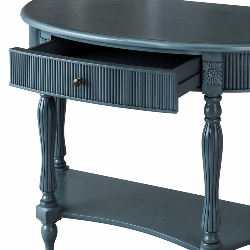 Console demi-lune en bois massif avec tiroir et tablette, Bleu antique, Bleu antique, Bleu antique