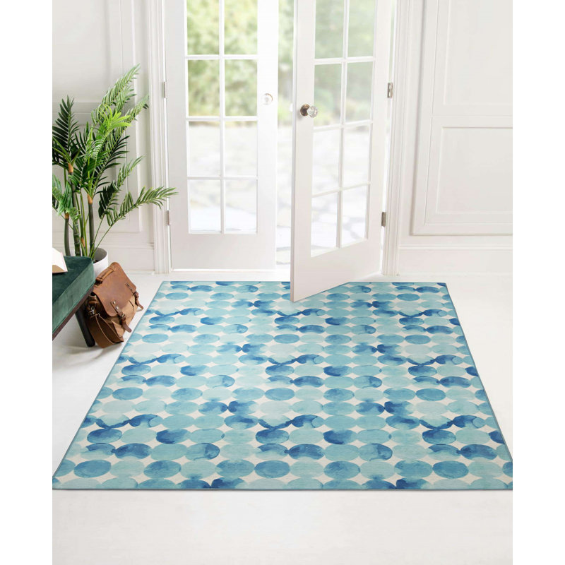 Kirrily Watercolor Circle Blue and Ivory Indoor Outdoor Machine Washable Area Rug, Rectangle 5' x 7'