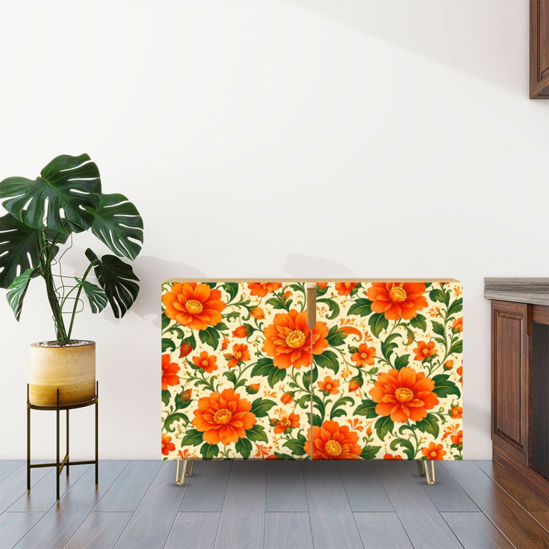 Buffet Buffet avec rangement Artisanat traditionnel d'inspiration orange, vert, fleurs, beige, sans couture avec 2 portes pour le salon et la cuisine