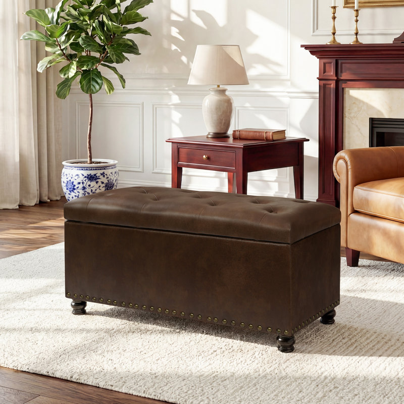 Banc de repose-pieds de rangement rectangulaire en similicuir de 35 po pour le salon