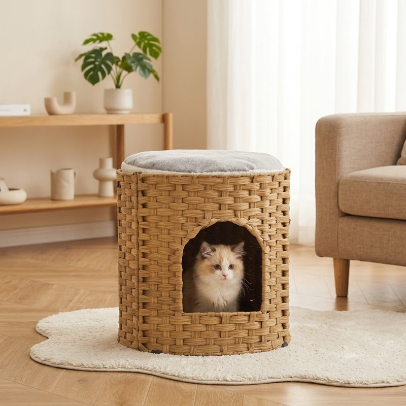 Grand rotin double tissé à la main pour chat, lit pour chat avec un coussin souple, cachette pliable pour chaton, naturel, 17 x 17 x 17 po